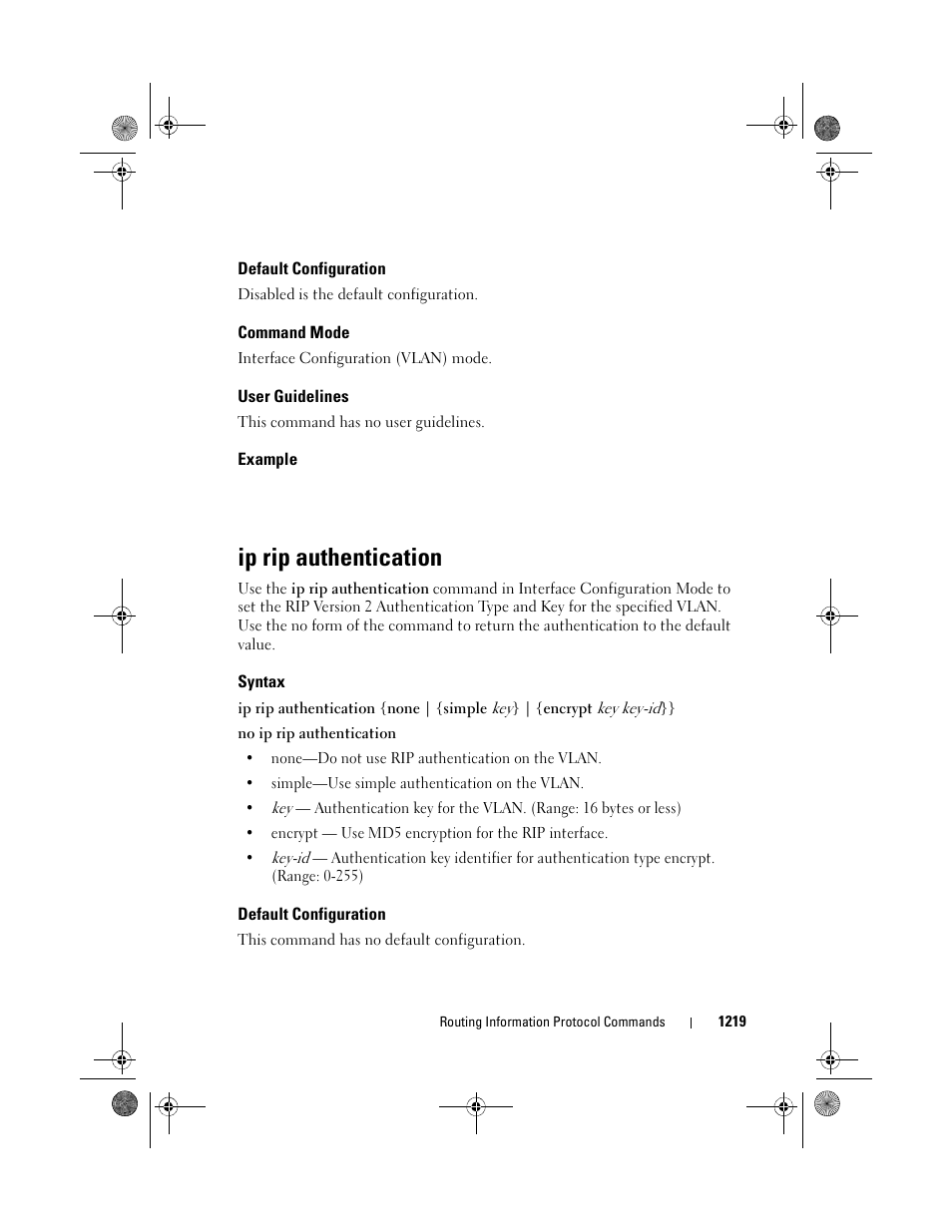 Default configuration, Command mode, User guidelines | Example, Ip rip authentication, Syntax | Dell POWEREDGE M1000E User Manual | Page 1219 / 1682