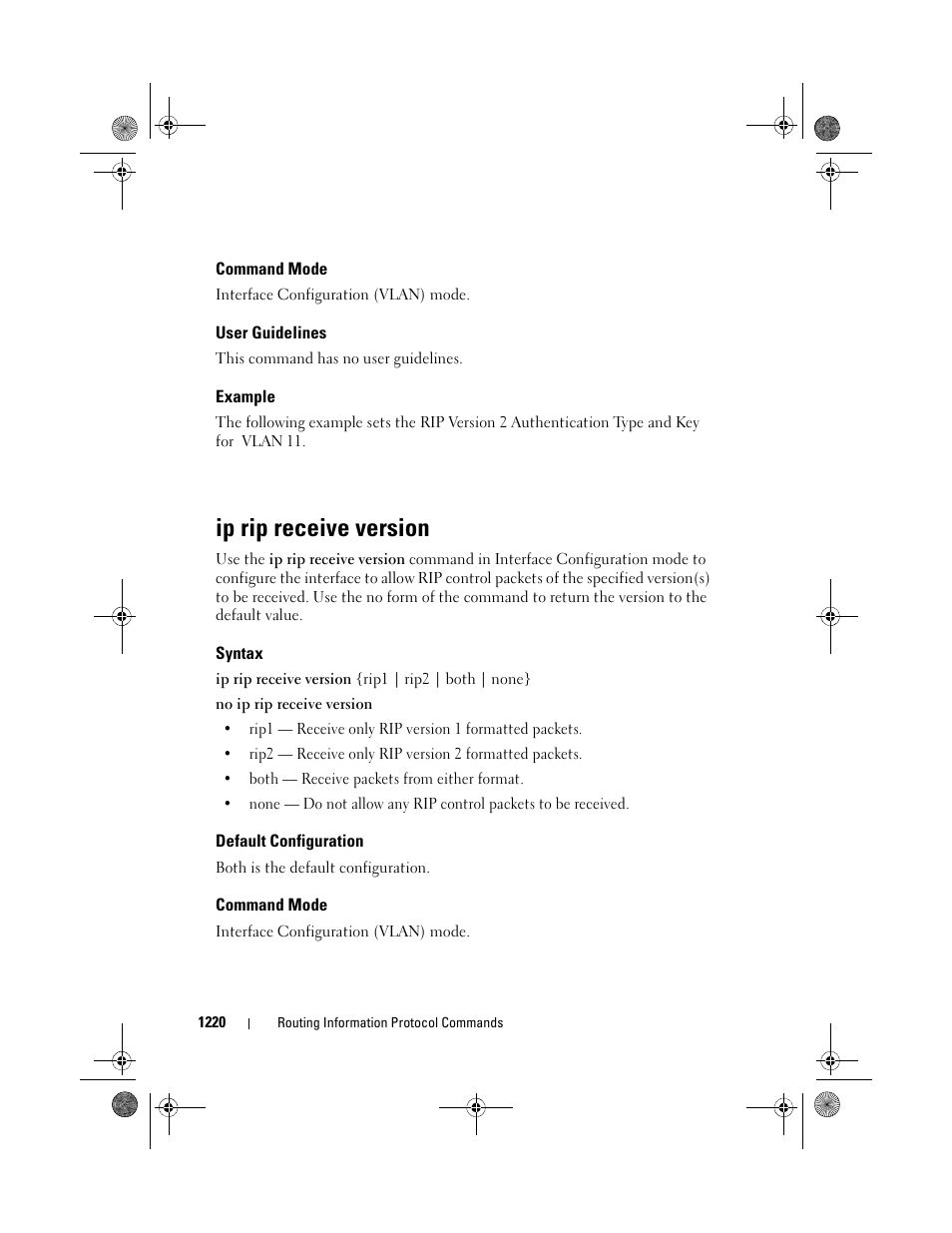 Command mode, User guidelines, Example | Ip rip receive version, Syntax, Default configuration | Dell POWEREDGE M1000E User Manual | Page 1220 / 1682