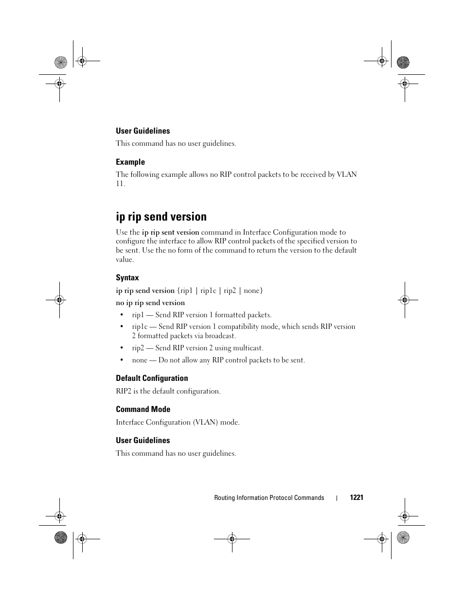 User guidelines, Example, Ip rip send version | Syntax, Default configuration, Command mode | Dell POWEREDGE M1000E User Manual | Page 1221 / 1682