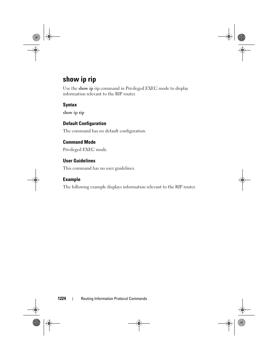 Show ip rip, Syntax, Default configuration | Command mode, User guidelines, Example | Dell POWEREDGE M1000E User Manual | Page 1224 / 1682