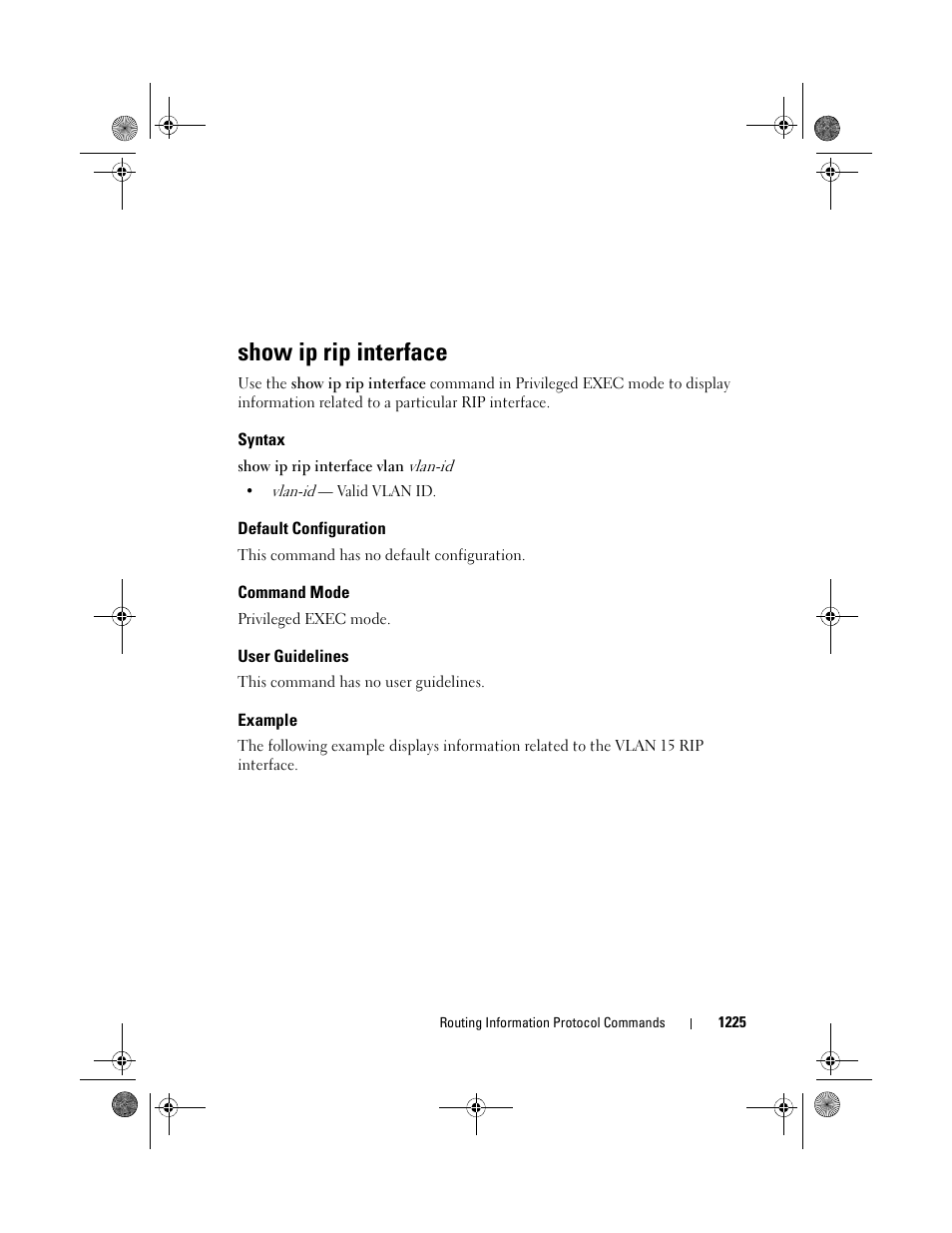 Show ip rip interface, Syntax, Default configuration | Command mode, User guidelines, Example | Dell POWEREDGE M1000E User Manual | Page 1225 / 1682