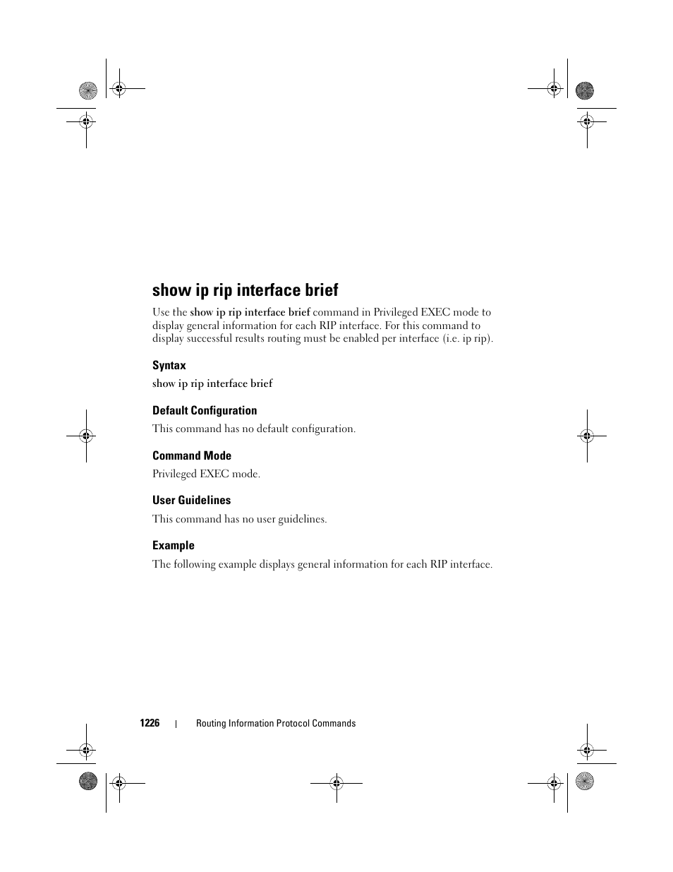 Show ip rip interface brief, Syntax, Default configuration | Command mode, User guidelines, Example | Dell POWEREDGE M1000E User Manual | Page 1226 / 1682