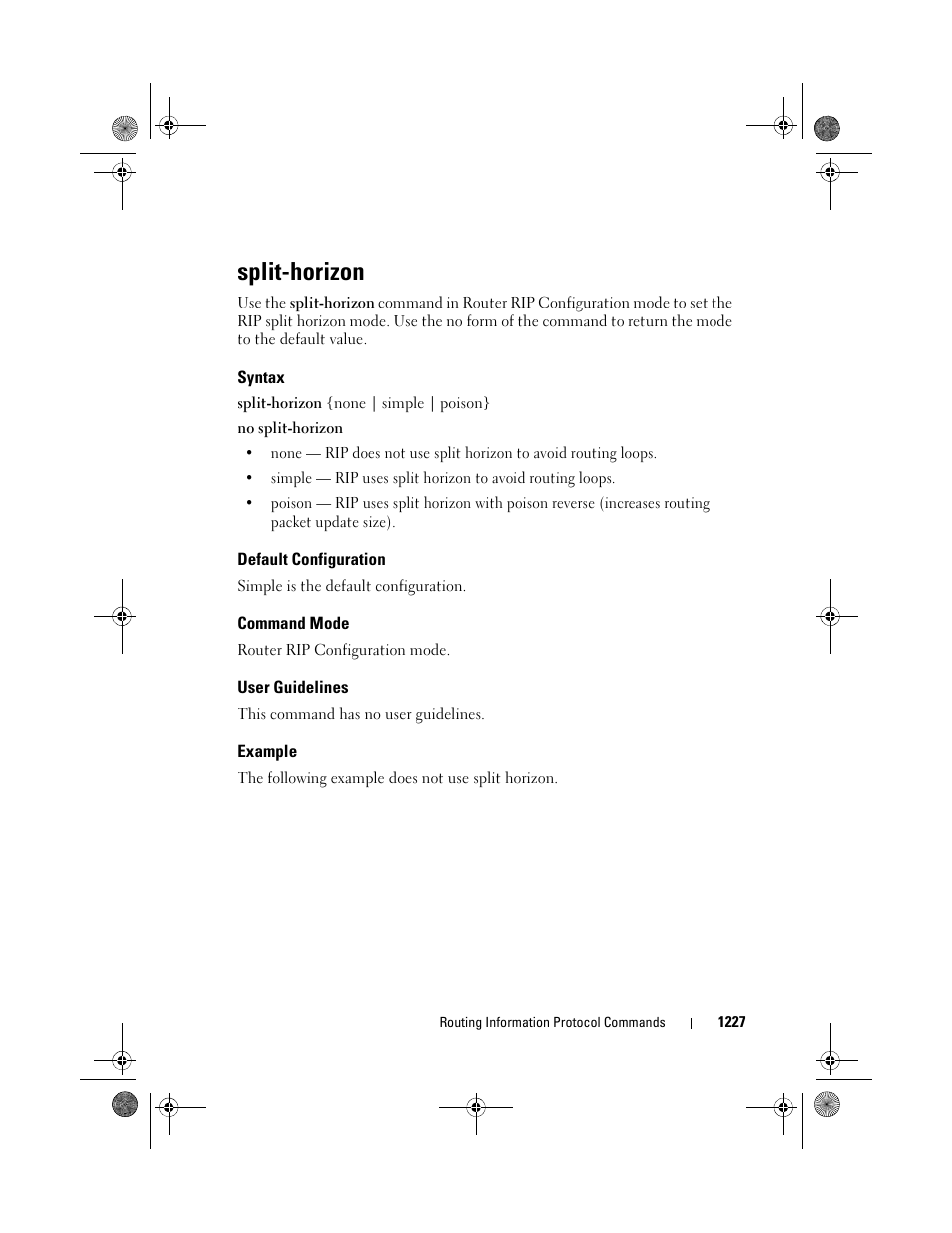 Split-horizon, Syntax, Default configuration | Command mode, User guidelines, Example | Dell POWEREDGE M1000E User Manual | Page 1227 / 1682