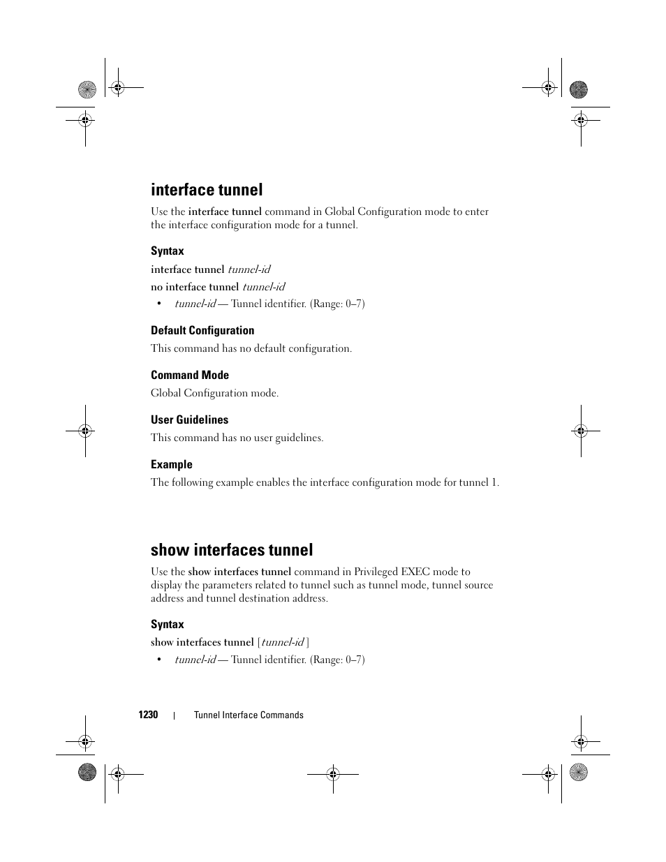 Interface tunnel, Syntax, Default configuration | Command mode, User guidelines, Example, Show interfaces tunnel, Interface tunn | Dell POWEREDGE M1000E User Manual | Page 1230 / 1682