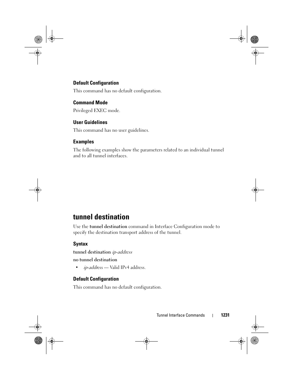 Default configuration, Command mode, User guidelines | Examples, Tunnel destination, Syntax | Dell POWEREDGE M1000E User Manual | Page 1231 / 1682