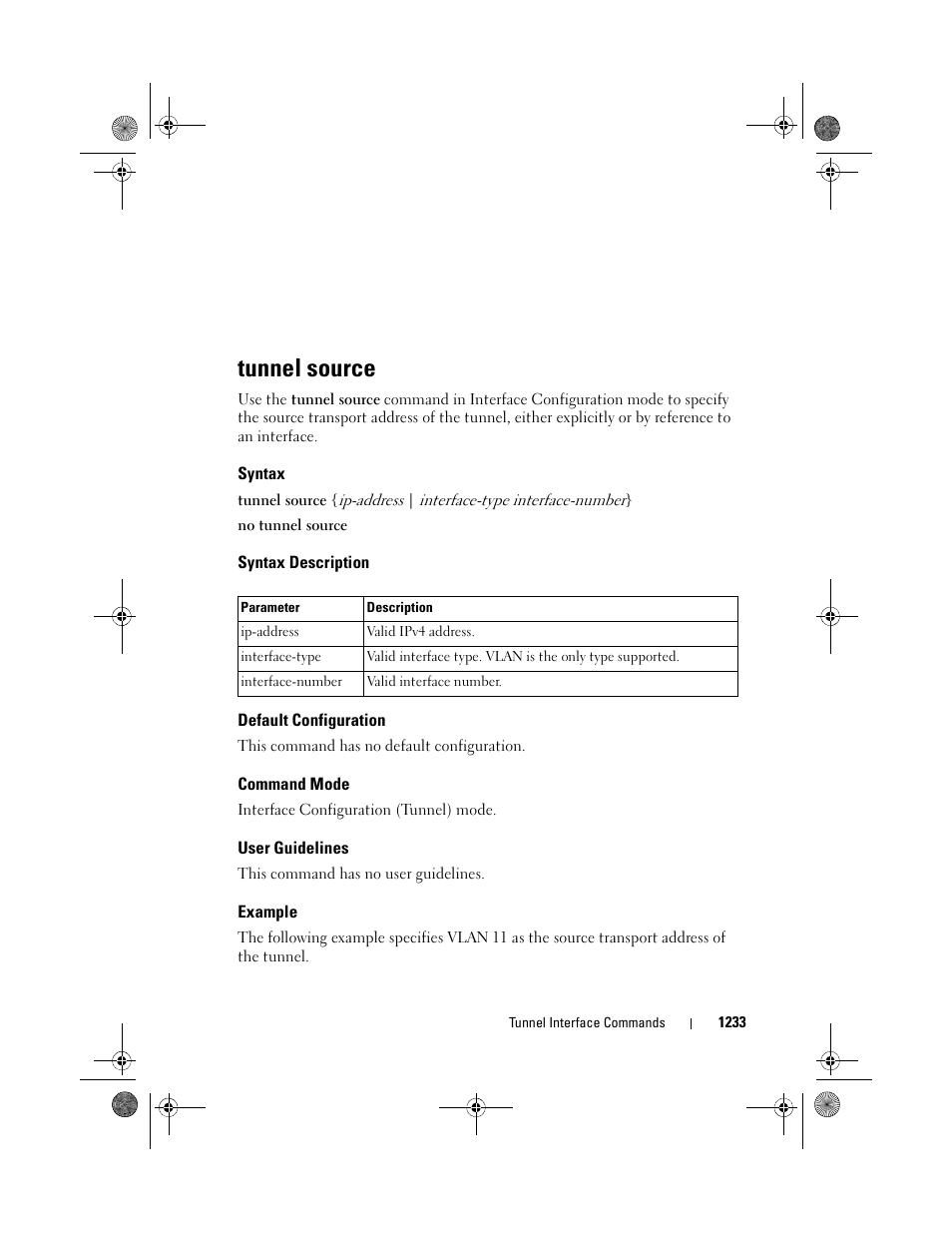 Tunnel source, Syntax, Syntax description | Default configuration, Command mode, User guidelines, Example | Dell POWEREDGE M1000E User Manual | Page 1233 / 1682