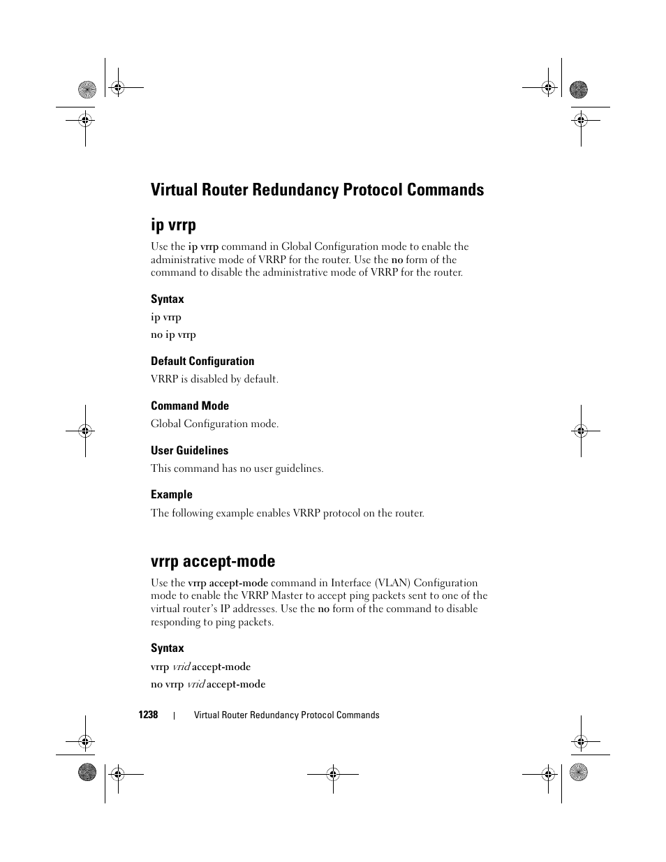 Ip vrrp, Syntax, Default configuration | Command mode, User guidelines, Example, Vrrp accept-mode, Virtual router redundancy protocol commands | Dell POWEREDGE M1000E User Manual | Page 1238 / 1682