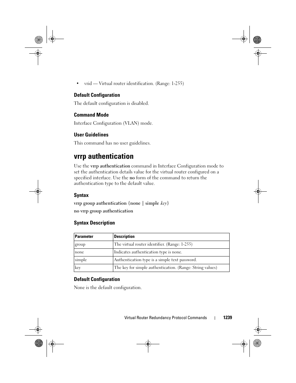 Default configuration, Command mode, User guidelines | Vrrp authentication, Syntax, Syntax description | Dell POWEREDGE M1000E User Manual | Page 1239 / 1682