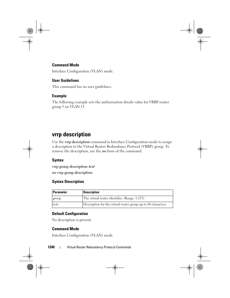 Command mode, User guidelines, Example | Vrrp description, Syntax, Syntax description, Default configuration | Dell POWEREDGE M1000E User Manual | Page 1240 / 1682