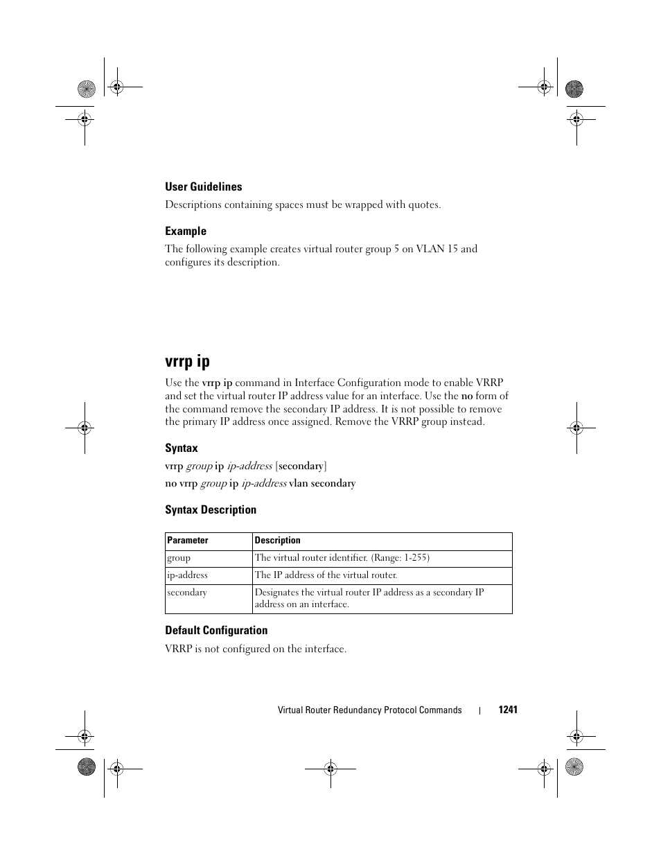 User guidelines, Example, Vrrp ip | Syntax, Syntax description, Default configuration | Dell POWEREDGE M1000E User Manual | Page 1241 / 1682