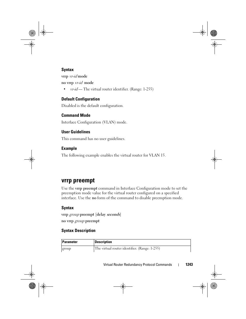 Syntax, Default configuration, Command mode | User guidelines, Example, Vrrp preempt, Syntax description | Dell POWEREDGE M1000E User Manual | Page 1243 / 1682