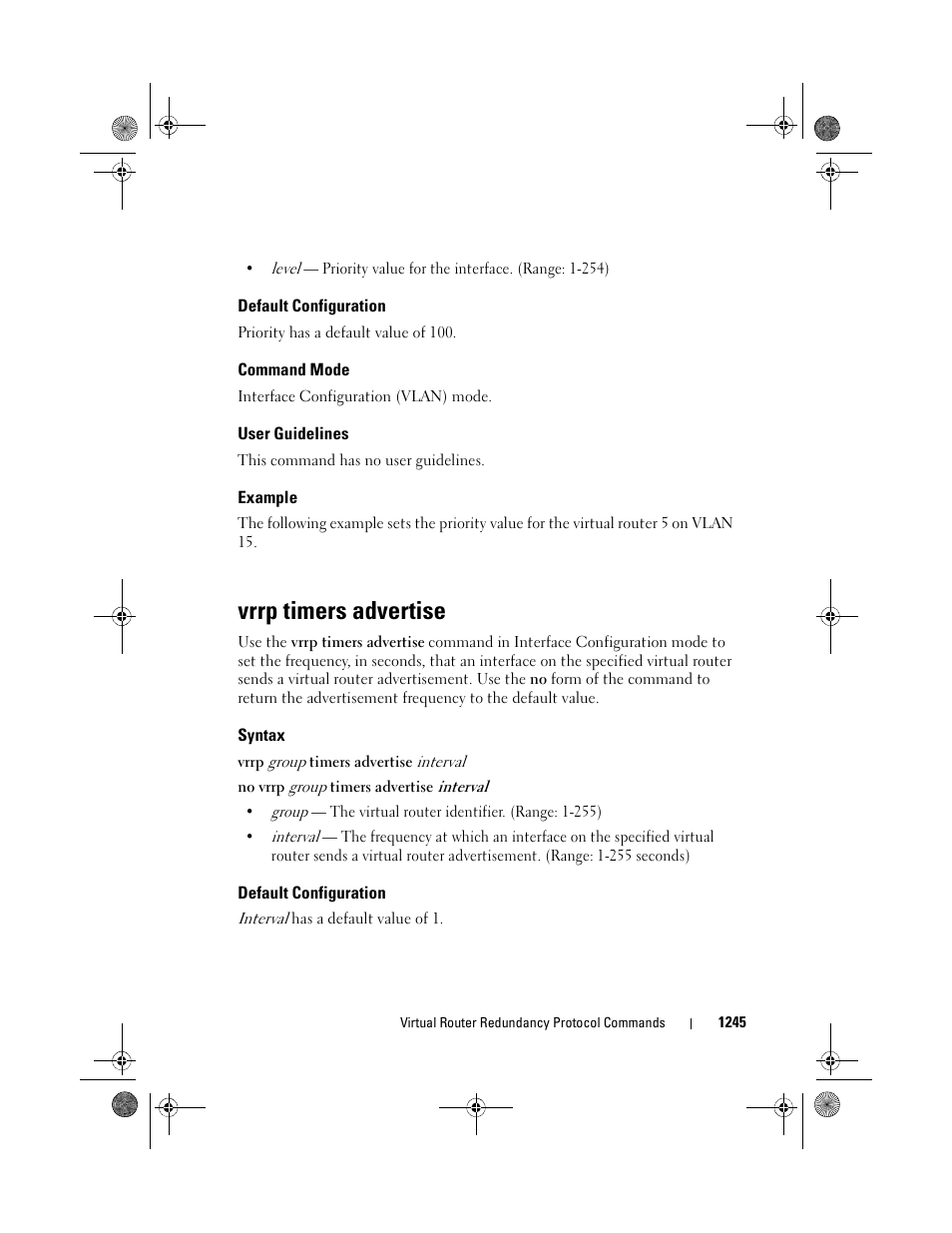 Default configuration, Command mode, User guidelines | Example, Vrrp timers advertise, Syntax | Dell POWEREDGE M1000E User Manual | Page 1245 / 1682