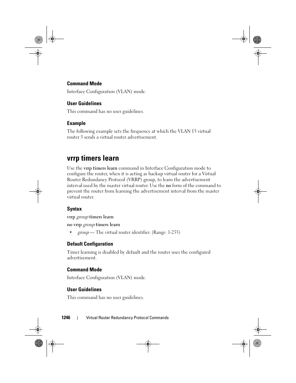 Command mode, User guidelines, Example | Vrrp timers learn, Syntax, Default configuration | Dell POWEREDGE M1000E User Manual | Page 1246 / 1682