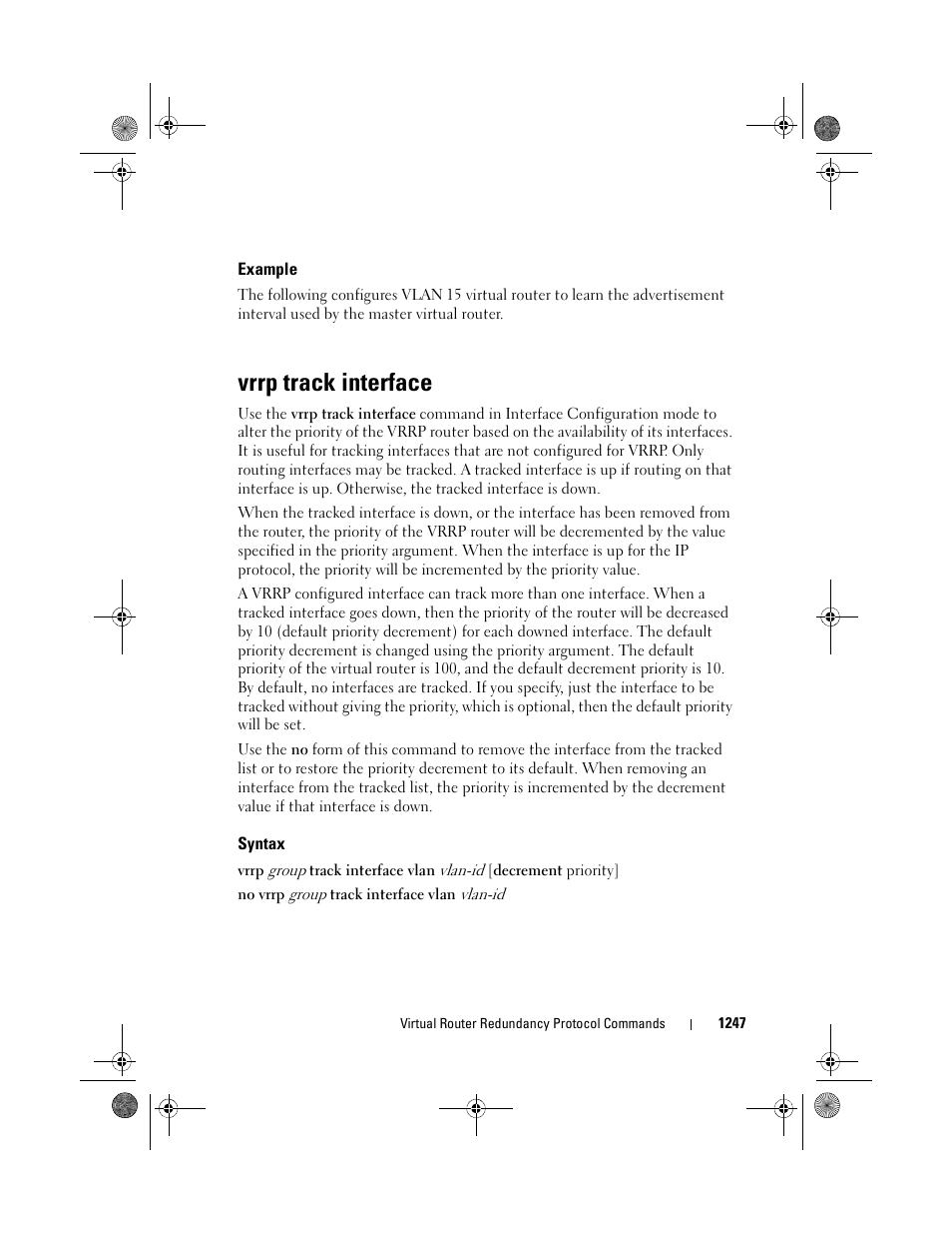 Example, Vrrp track interface, Syntax | Dell POWEREDGE M1000E User Manual | Page 1247 / 1682