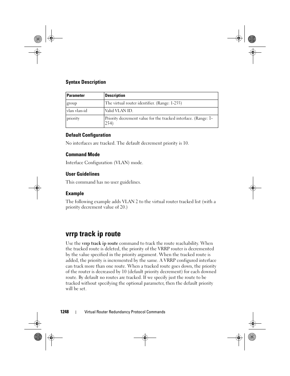 Syntax description, Default configuration, Command mode | User guidelines, Example, Vrrp track ip route | Dell POWEREDGE M1000E User Manual | Page 1248 / 1682