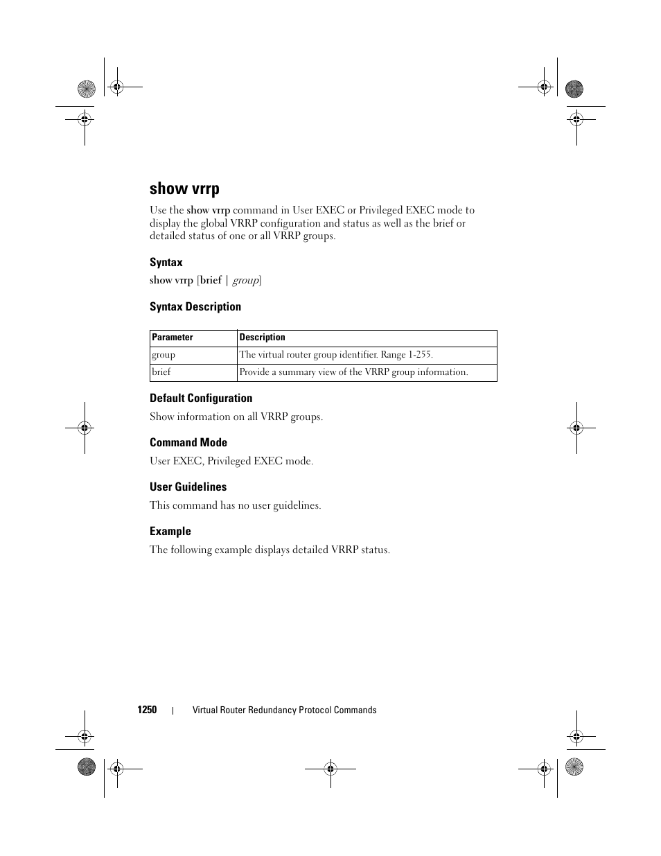 Show vrrp, Syntax, Syntax description | Default configuration, Command mode, User guidelines, Example | Dell POWEREDGE M1000E User Manual | Page 1250 / 1682