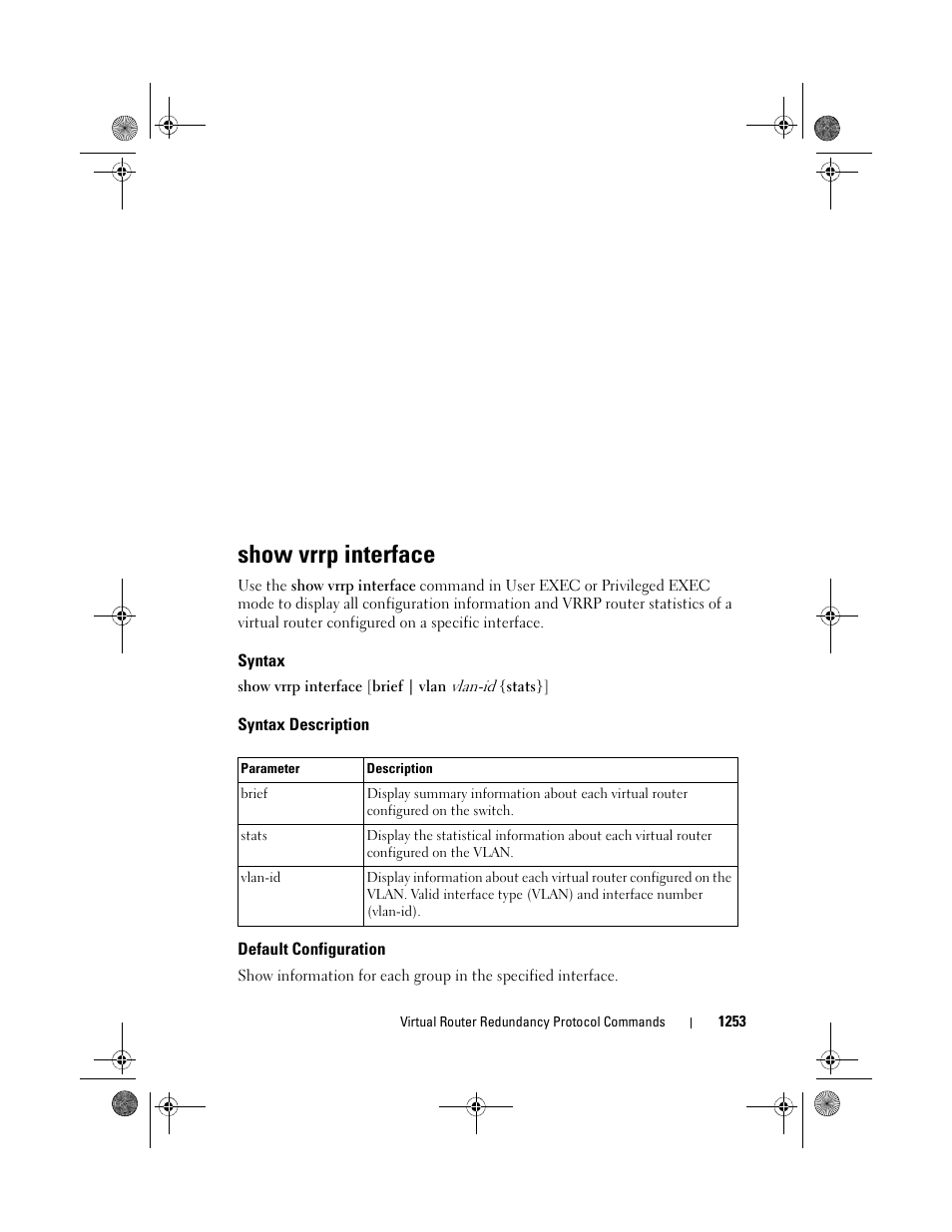 Show vrrp interface, Syntax, Syntax description | Default configuration | Dell POWEREDGE M1000E User Manual | Page 1253 / 1682