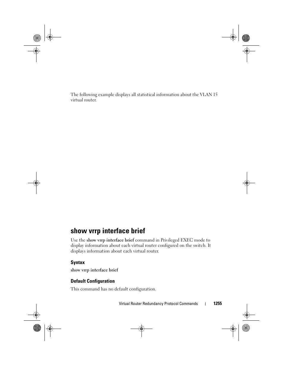 Show vrrp interface brief, Syntax, Default configuration | Dell POWEREDGE M1000E User Manual | Page 1255 / 1682