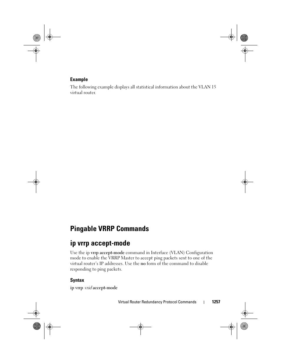 Example, Ip vrrp accept-mode, Syntax | Pingable vrrp commands, Pingable vrrp commands ip vrrp accept-mode | Dell POWEREDGE M1000E User Manual | Page 1257 / 1682