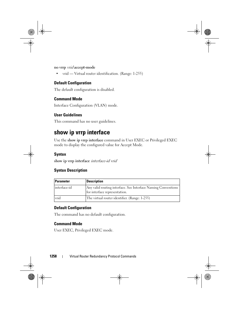 Default configuration, Command mode, User guidelines | Show ip vrrp interface, Syntax, Syntax description | Dell POWEREDGE M1000E User Manual | Page 1258 / 1682