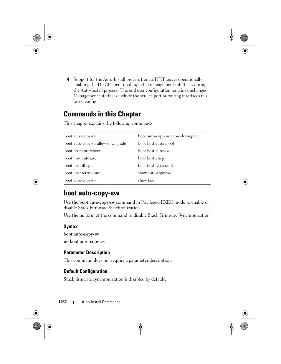 Commands in this chapter, Boot auto-copy-sw, Syntax | Parameter description, Default configuration | Dell POWEREDGE M1000E User Manual | Page 1264 / 1682