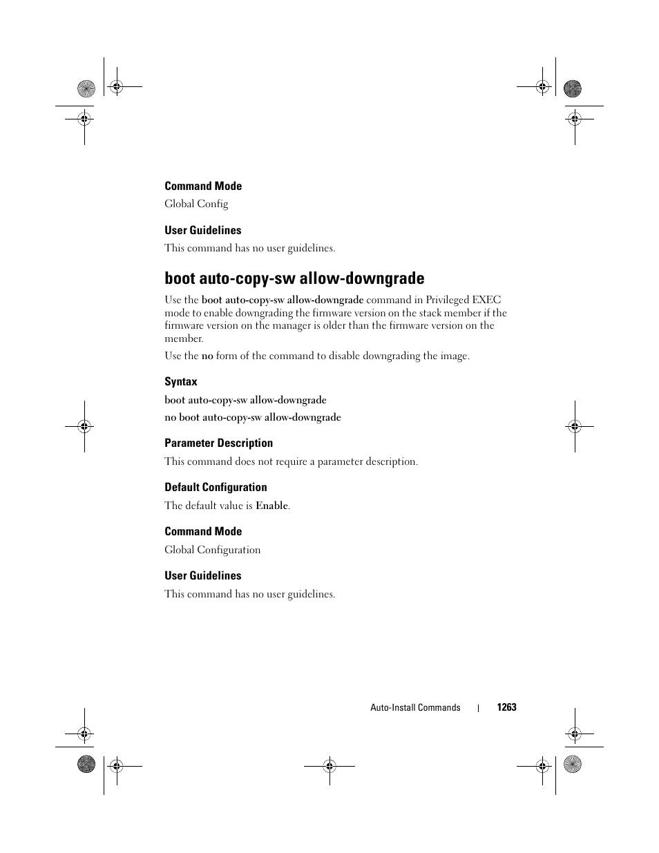 Command mode, User guidelines, Boot auto-copy-sw allow-downgrade | Syntax, Parameter description, Default configuration | Dell POWEREDGE M1000E User Manual | Page 1265 / 1682