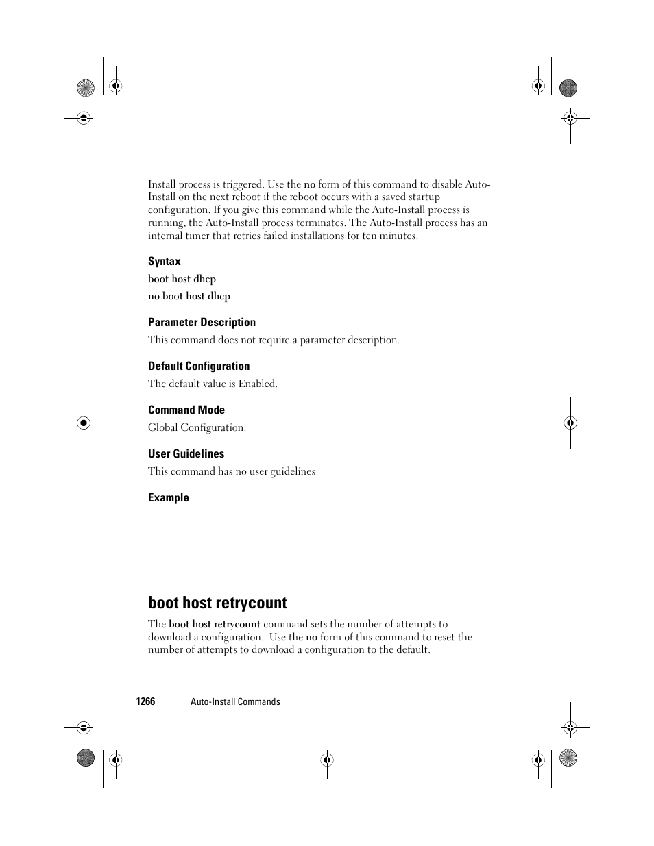 Syntax, Parameter description, Default configuration | Command mode, User guidelines, Example, Boot host retrycount | Dell POWEREDGE M1000E User Manual | Page 1268 / 1682