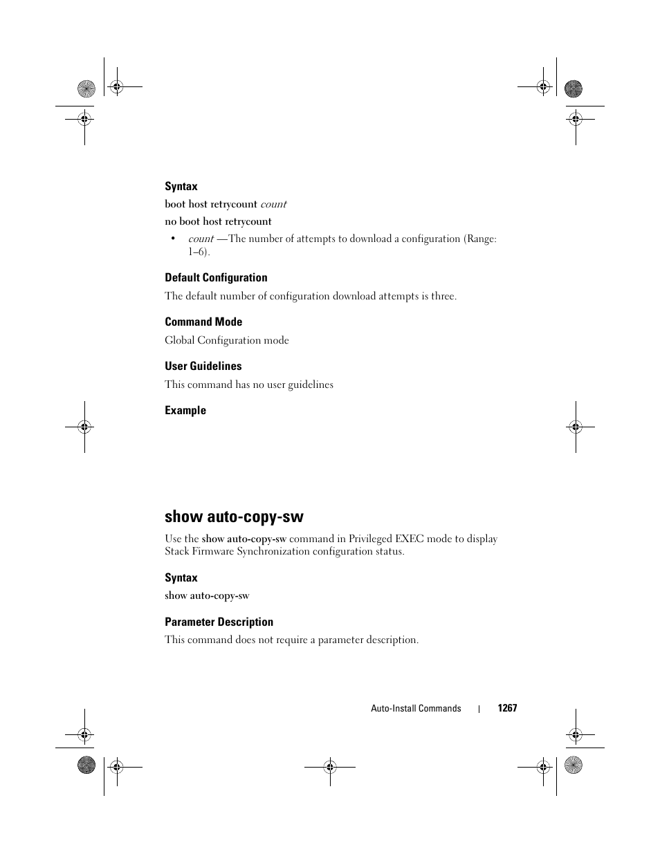 Syntax, Default configuration, Command mode | User guidelines, Example, Show auto-copy-sw, Parameter description | Dell POWEREDGE M1000E User Manual | Page 1269 / 1682