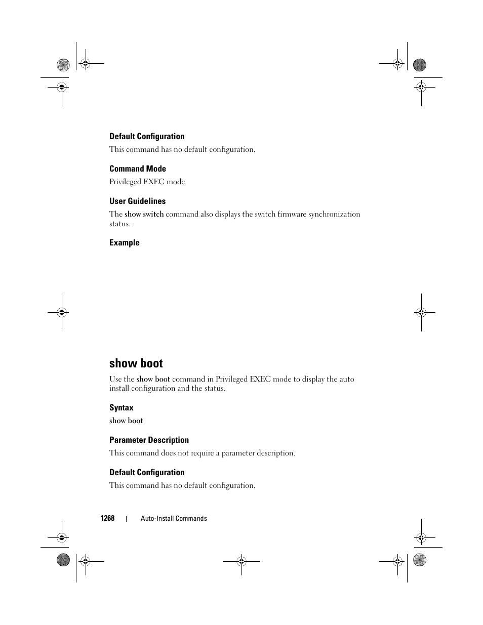 Default configuration, Command mode, User guidelines | Example, Show boot, Syntax, Parameter description | Dell POWEREDGE M1000E User Manual | Page 1270 / 1682