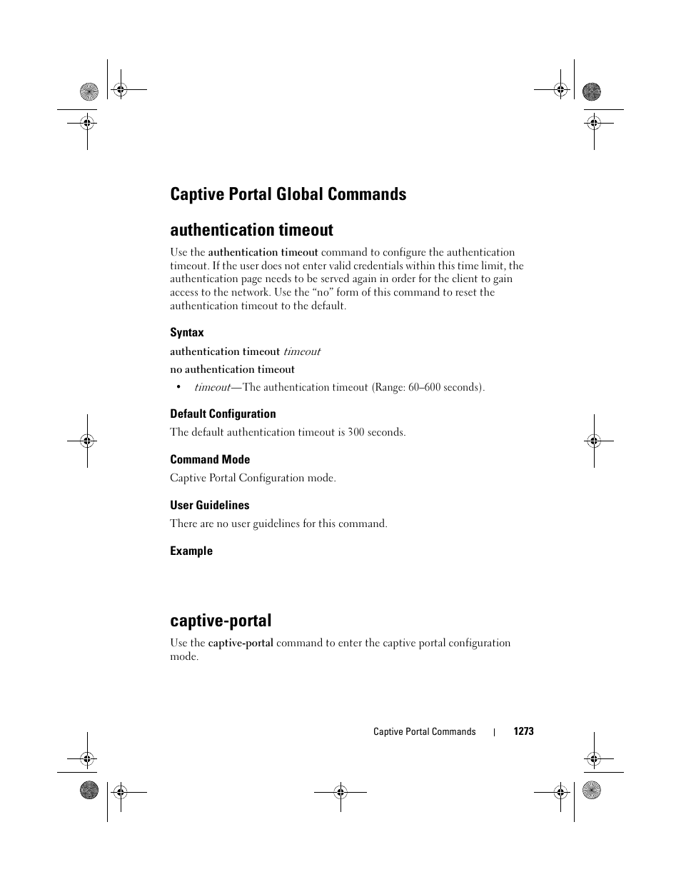 Authentication timeout, Syntax, Default configuration | Command mode, User guidelines, Example, Captive-portal, Captive portal global commands | Dell POWEREDGE M1000E User Manual | Page 1275 / 1682