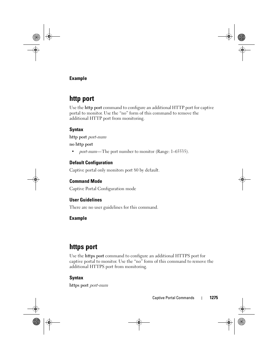 Example, Http port, Syntax | Default configuration, Command mode, User guidelines, Https port | Dell POWEREDGE M1000E User Manual | Page 1277 / 1682