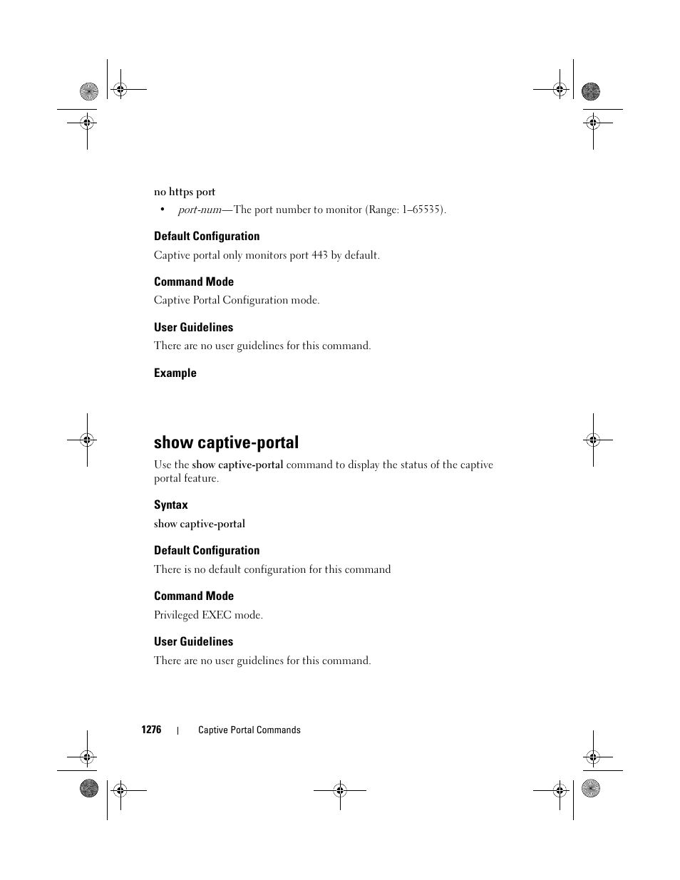 Default configuration, Command mode, User guidelines | Example, Show captive-portal, Syntax | Dell POWEREDGE M1000E User Manual | Page 1278 / 1682