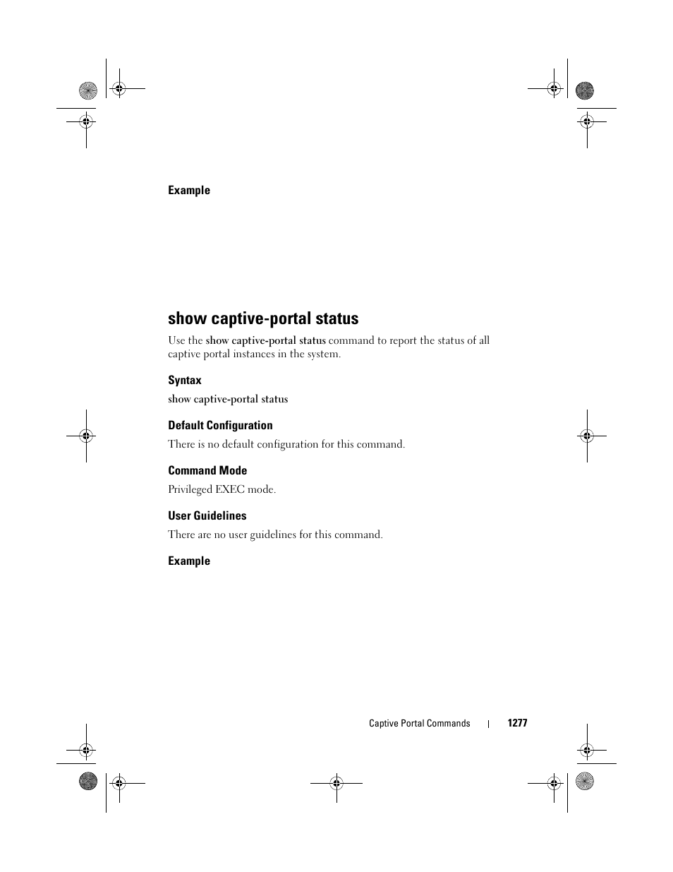 Example, Show captive-portal status, Syntax | Default configuration, Command mode, User guidelines | Dell POWEREDGE M1000E User Manual | Page 1279 / 1682