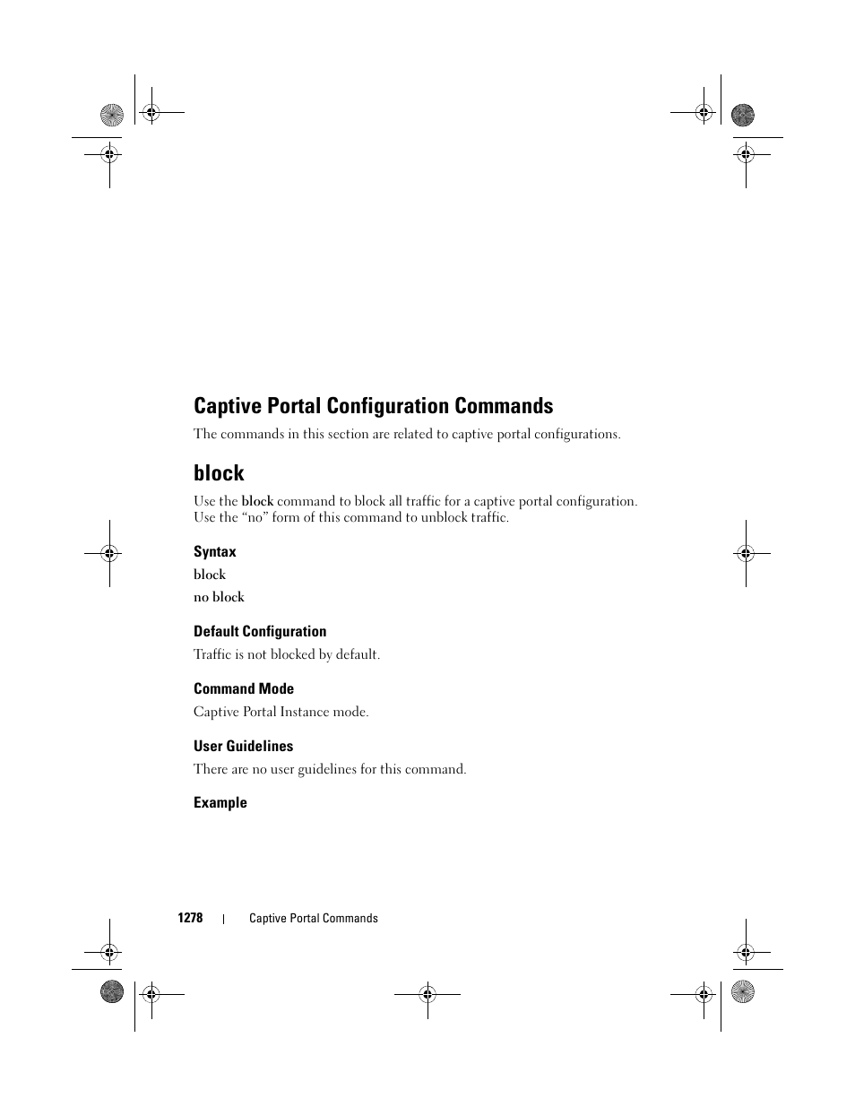 Block, Syntax, Default configuration | Command mode, User guidelines, Example, Captive portal configuration commands | Dell POWEREDGE M1000E User Manual | Page 1280 / 1682