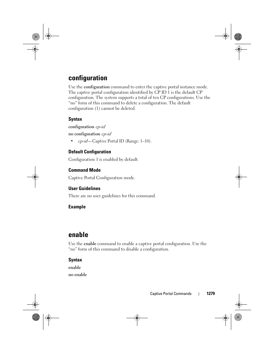 Configuration, Syntax, Default configuration | Command mode, User guidelines, Example, Enable | Dell POWEREDGE M1000E User Manual | Page 1281 / 1682