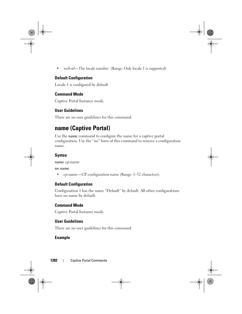 Default configuration, Command mode, User guidelines | Name (captive portal), Syntax, Example | Dell POWEREDGE M1000E User Manual | Page 1284 / 1682