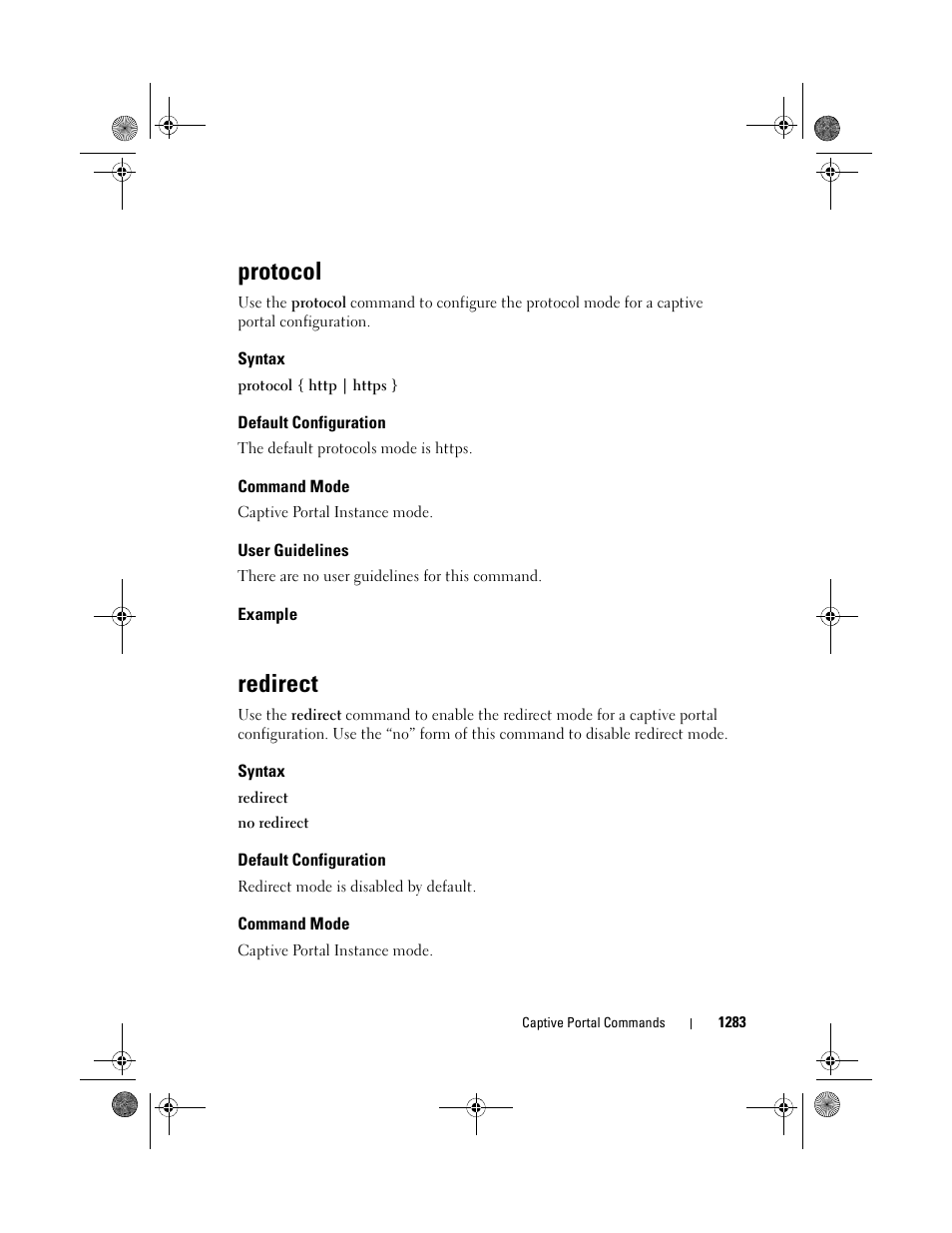 Protocol, Syntax, Default configuration | Command mode, User guidelines, Example, Redirect | Dell POWEREDGE M1000E User Manual | Page 1285 / 1682