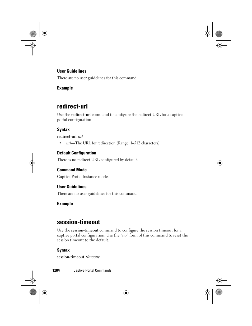 User guidelines, Example, Redirect-url | Syntax, Default configuration, Command mode, Session-timeout | Dell POWEREDGE M1000E User Manual | Page 1286 / 1682