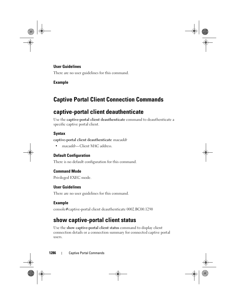 User guidelines, Example, Captive-portal client deauthenticate | Syntax, Default configuration, Command mode, Show captive-portal client status, Captive portal client connection commands | Dell POWEREDGE M1000E User Manual | Page 1288 / 1682