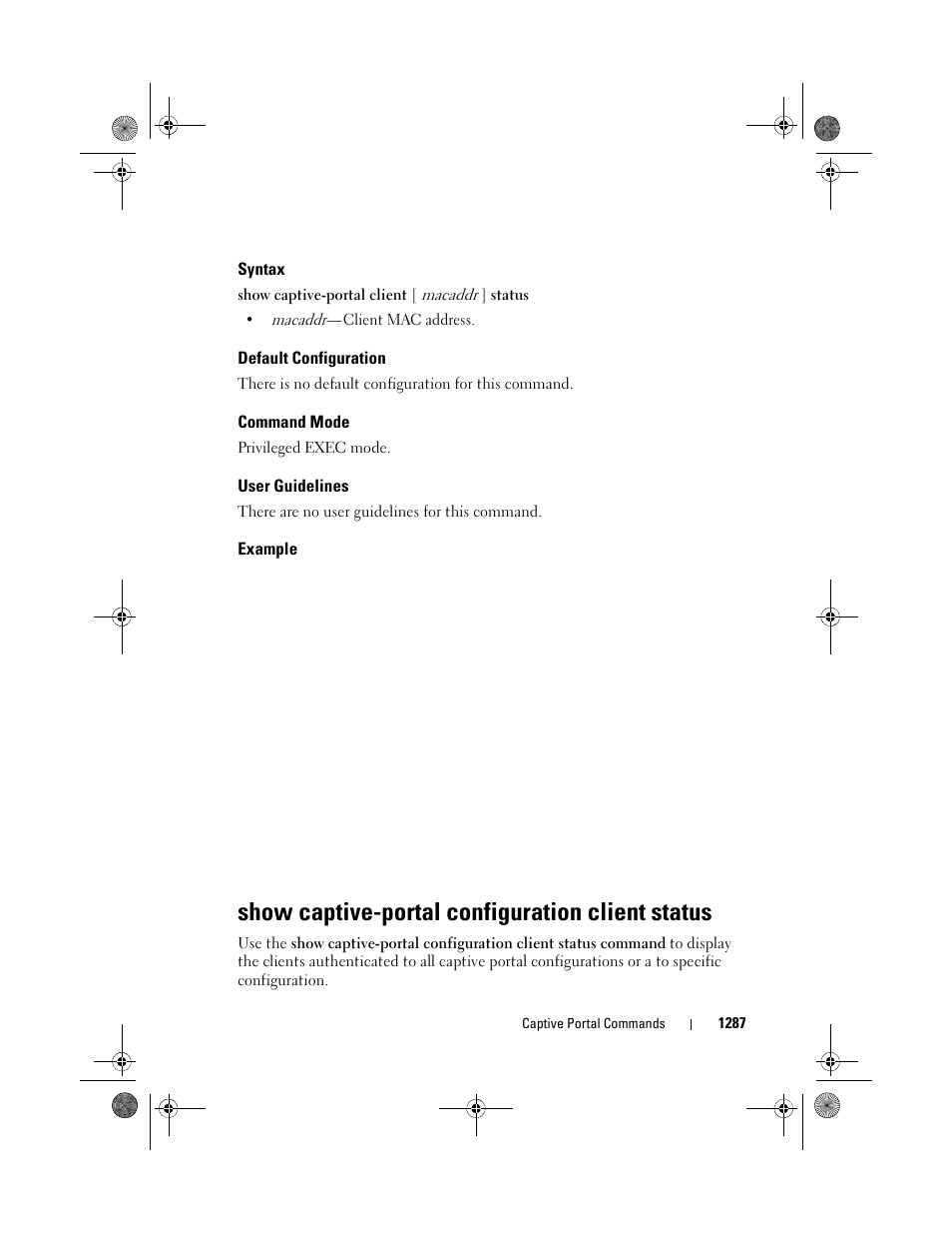 Syntax, Default configuration, Command mode | User guidelines, Example, Show captive-portal configuration client status, Show captive-portal configuration client, Status | Dell POWEREDGE M1000E User Manual | Page 1289 / 1682
