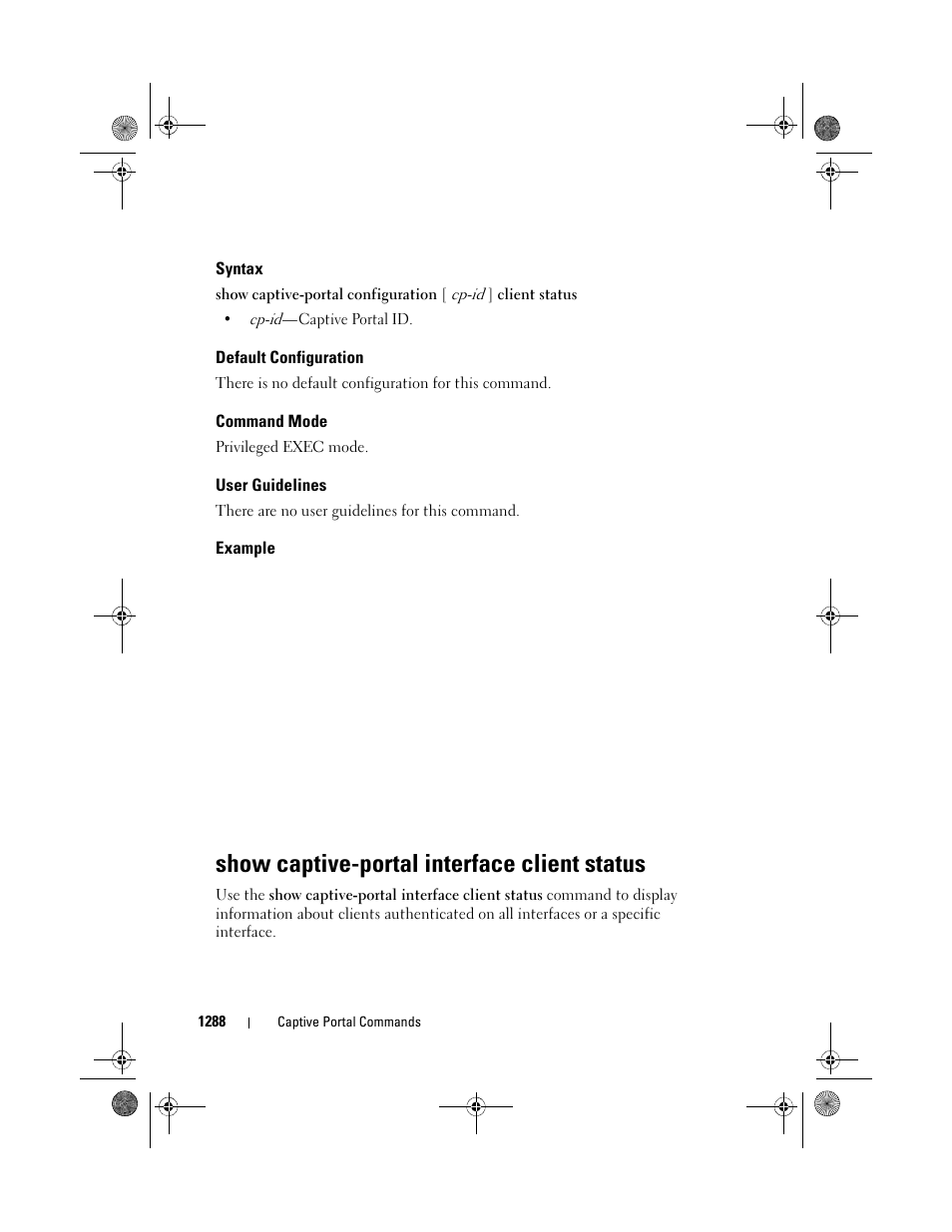 Syntax, Default configuration, Command mode | User guidelines, Example, Show captive-portal interface client status | Dell POWEREDGE M1000E User Manual | Page 1290 / 1682