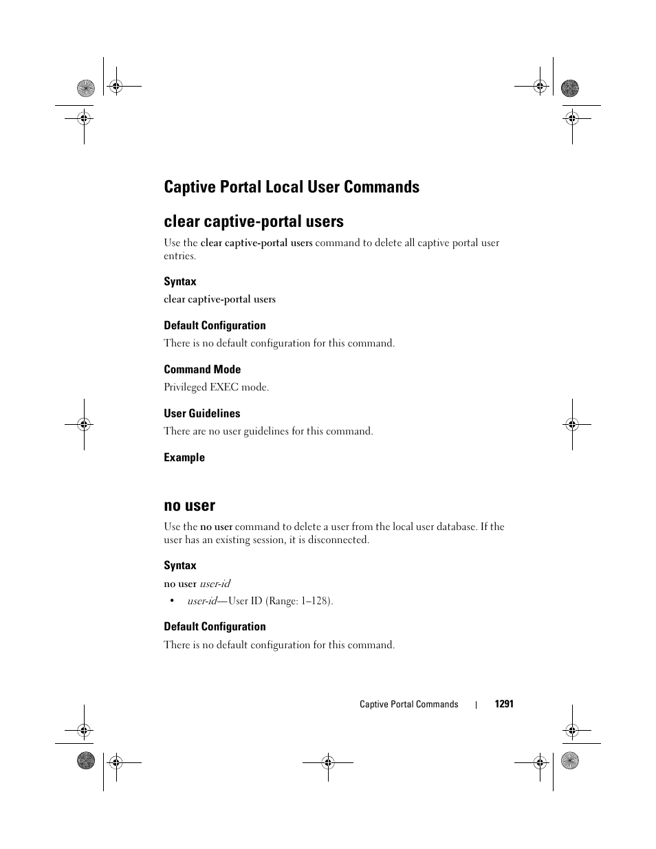 Clear captive-portal users, Syntax, Default configuration | Command mode, User guidelines, Example, No user, Captive portal local user commands | Dell POWEREDGE M1000E User Manual | Page 1293 / 1682