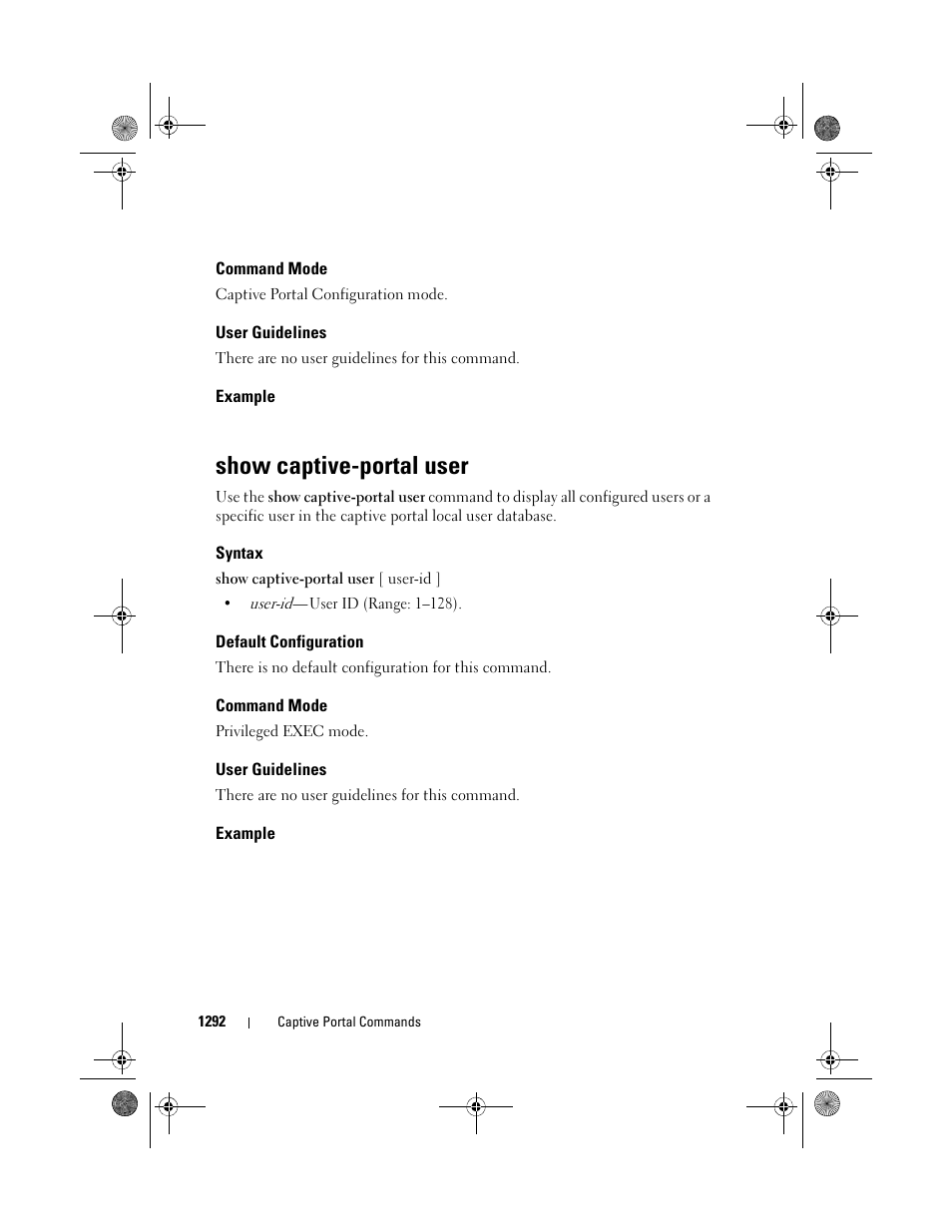 Command mode, User guidelines, Example | Show captive-portal user, Syntax, Default configuration | Dell POWEREDGE M1000E User Manual | Page 1294 / 1682