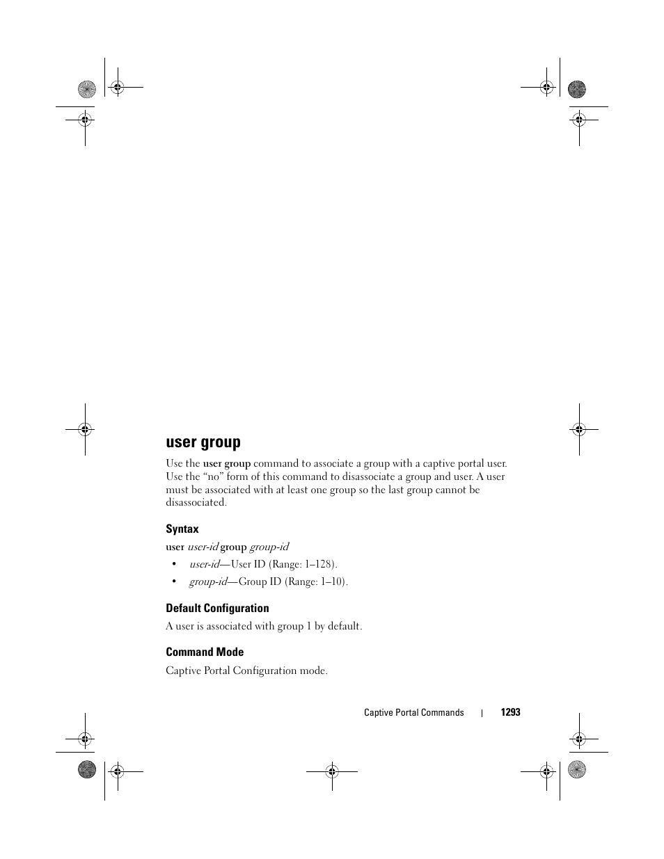 User group, Syntax, Default configuration | Command mode | Dell POWEREDGE M1000E User Manual | Page 1295 / 1682