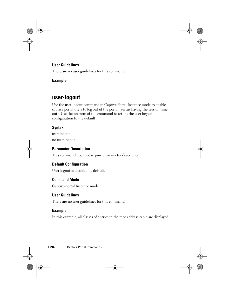 User guidelines, Example, User-logout | Syntax, Parameter description, Default configuration, Command mode | Dell POWEREDGE M1000E User Manual | Page 1296 / 1682