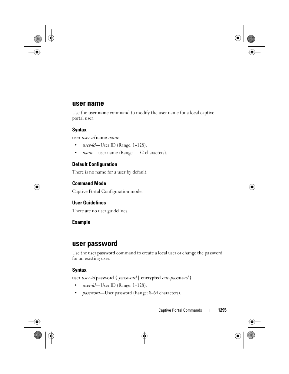 User name, Syntax, Default configuration | Command mode, User guidelines, Example, User password | Dell POWEREDGE M1000E User Manual | Page 1297 / 1682