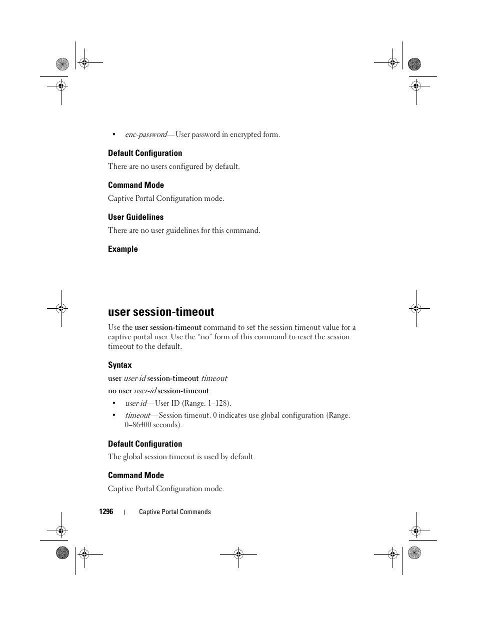 Default configuration, Command mode, User guidelines | Example, User session-timeout, Syntax | Dell POWEREDGE M1000E User Manual | Page 1298 / 1682