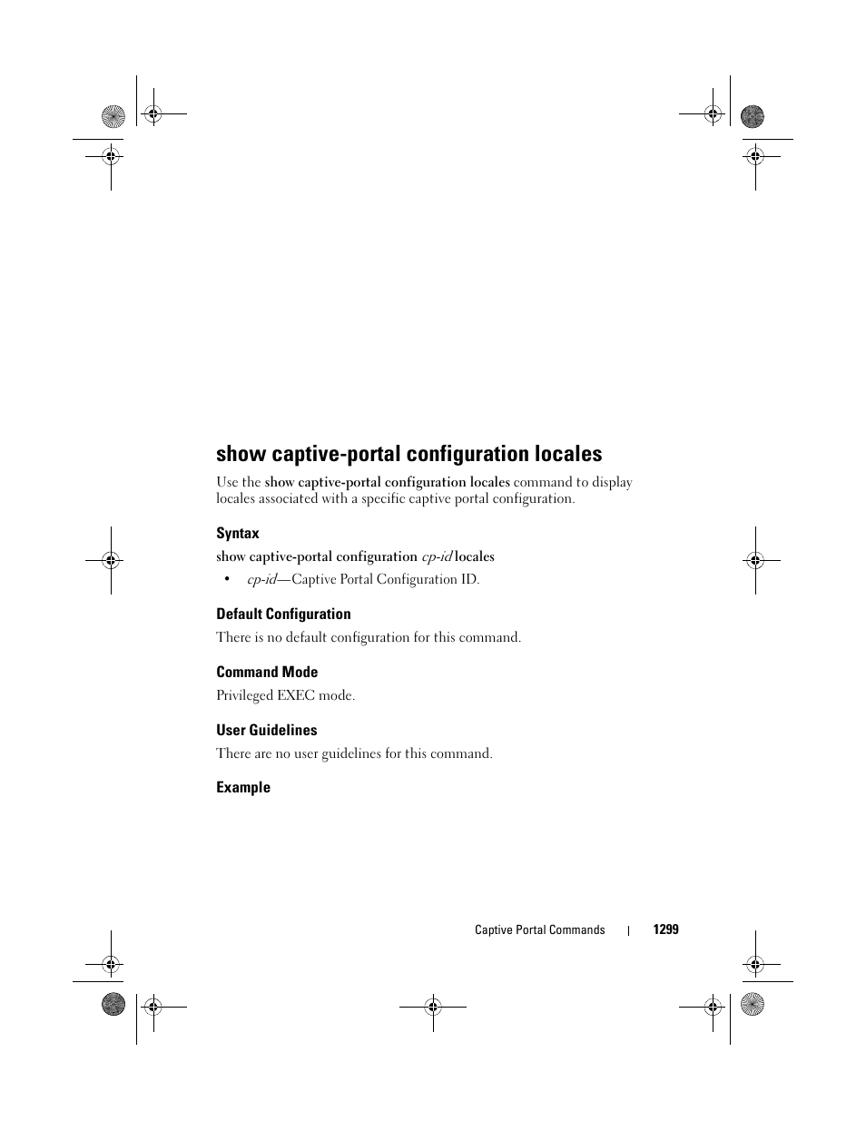 Show captive-portal configuration locales, Syntax, Default configuration | Command mode, User guidelines, Example | Dell POWEREDGE M1000E User Manual | Page 1301 / 1682