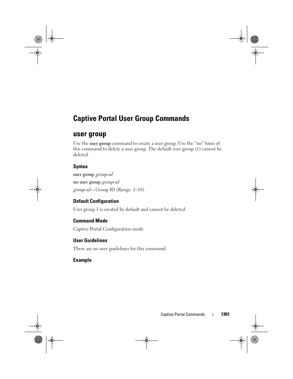 User group, Syntax, Default configuration | Command mode, User guidelines, Example, Captive portal user group commands, Captive portal user group commands user group | Dell POWEREDGE M1000E User Manual | Page 1303 / 1682