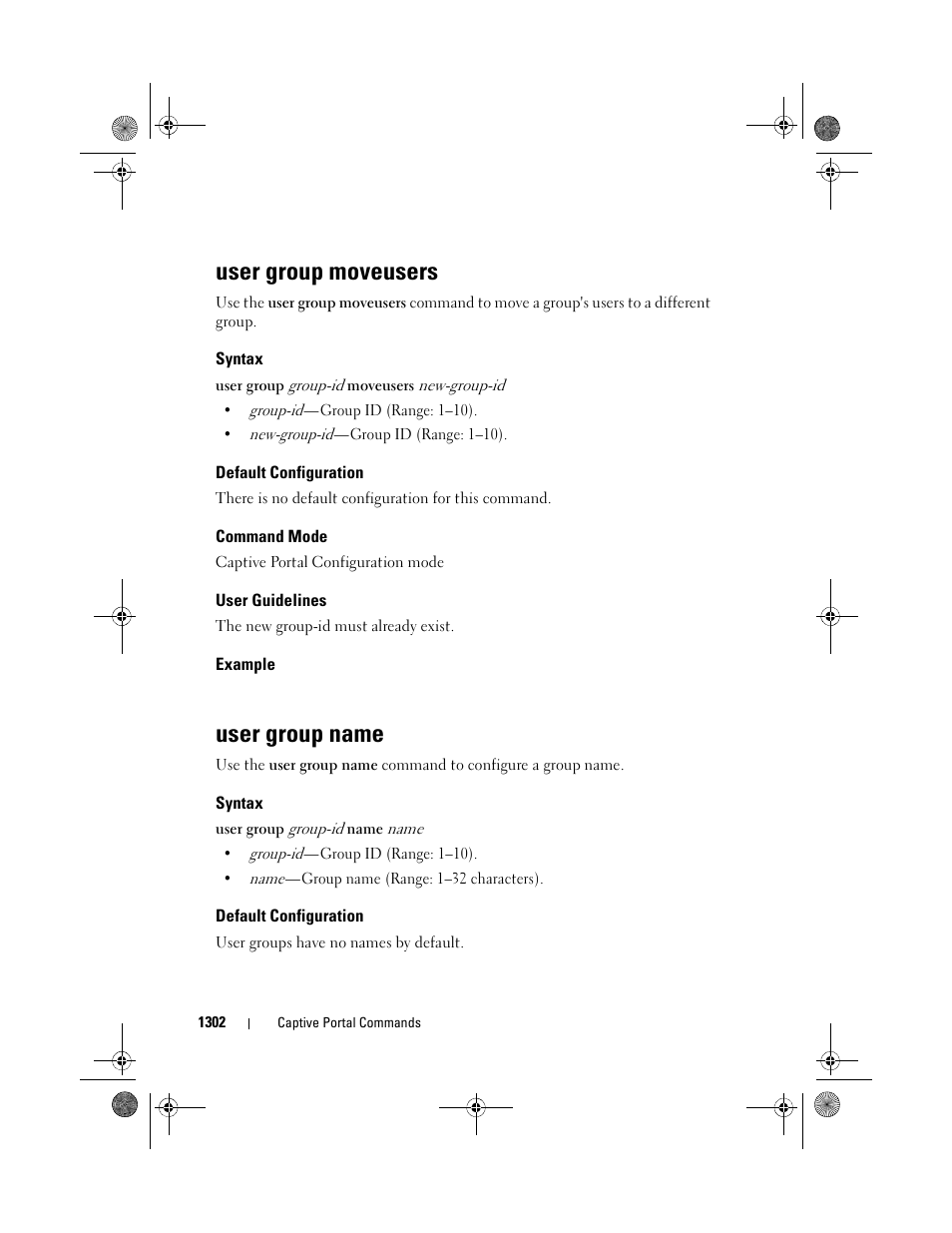 User group moveusers, Syntax, Default configuration | Command mode, User guidelines, Example, User group name | Dell POWEREDGE M1000E User Manual | Page 1304 / 1682